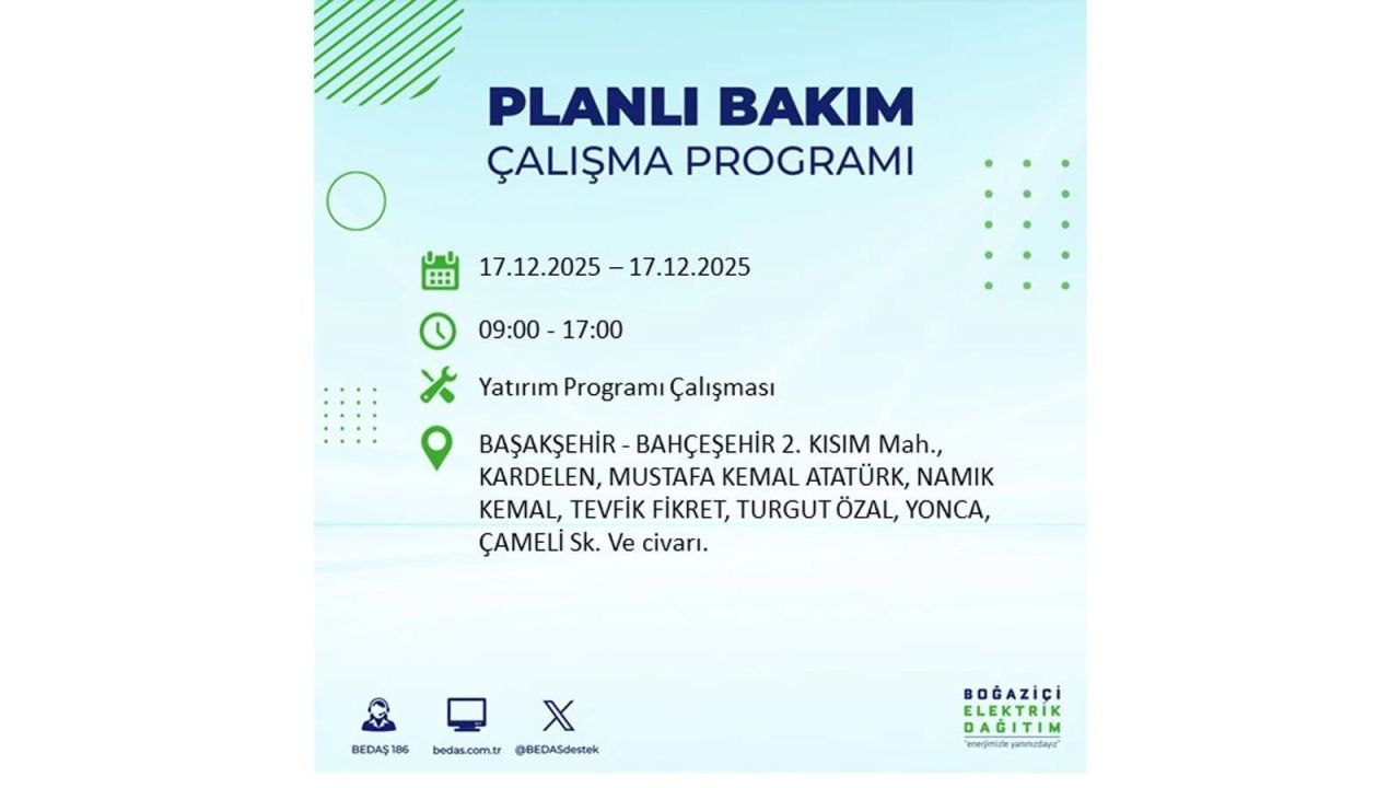 İstanbul'da birçok noktada elektrik kesintisi olacak! İstanbul'da elektrikler ne zaman gelecek? 17 Aralık 2025 İstanbul elektrik kesintisi sorgulama 50