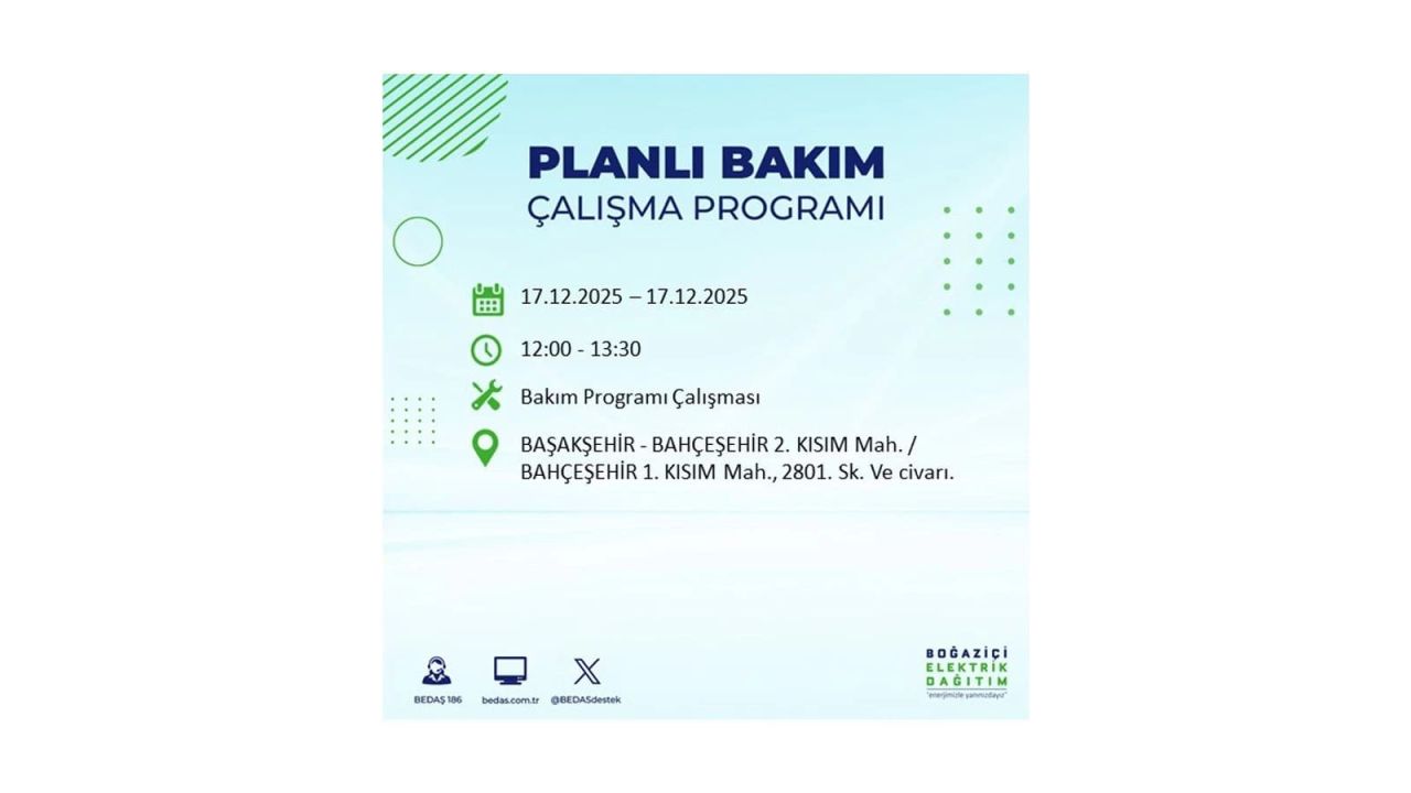 İstanbul'da birçok noktada elektrik kesintisi olacak! İstanbul'da elektrikler ne zaman gelecek? 17 Aralık 2025 İstanbul elektrik kesintisi sorgulama 52