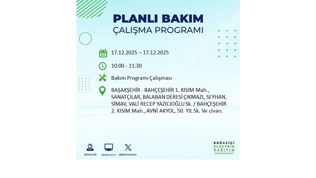 İstanbul'da birçok noktada elektrik kesintisi olacak! İstanbul'da elektrikler ne zaman gelecek? 17 Aralık 2025 İstanbul elektrik kesintisi sorgulama 54