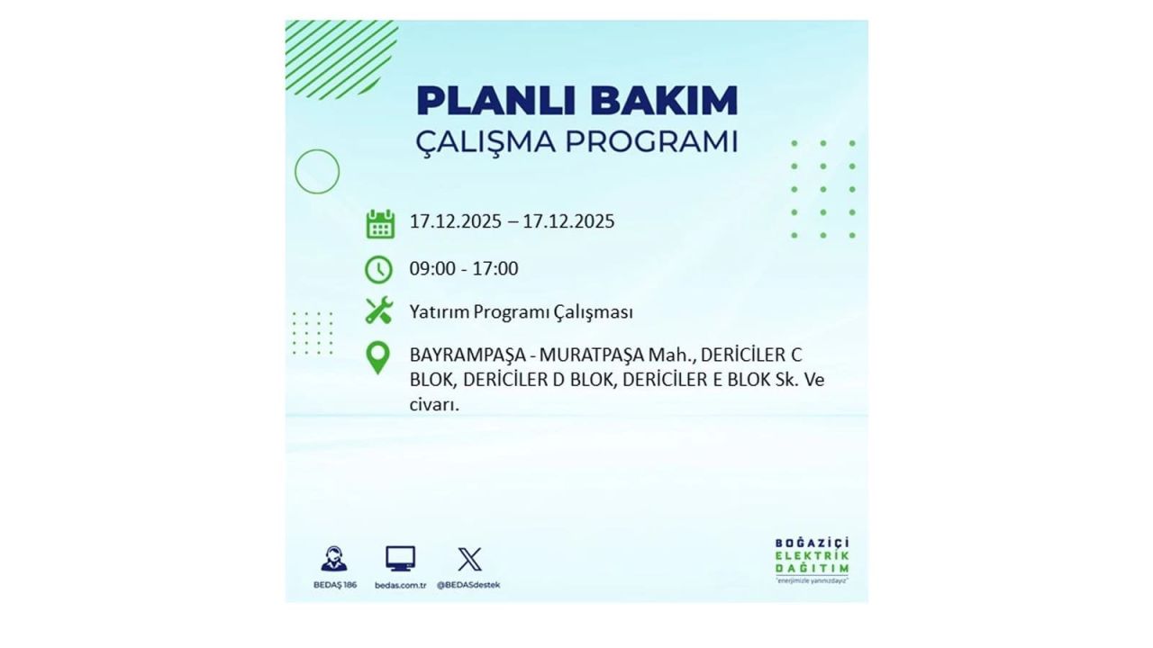 İstanbul'da birçok noktada elektrik kesintisi olacak! İstanbul'da elektrikler ne zaman gelecek? 17 Aralık 2025 İstanbul elektrik kesintisi sorgulama 59