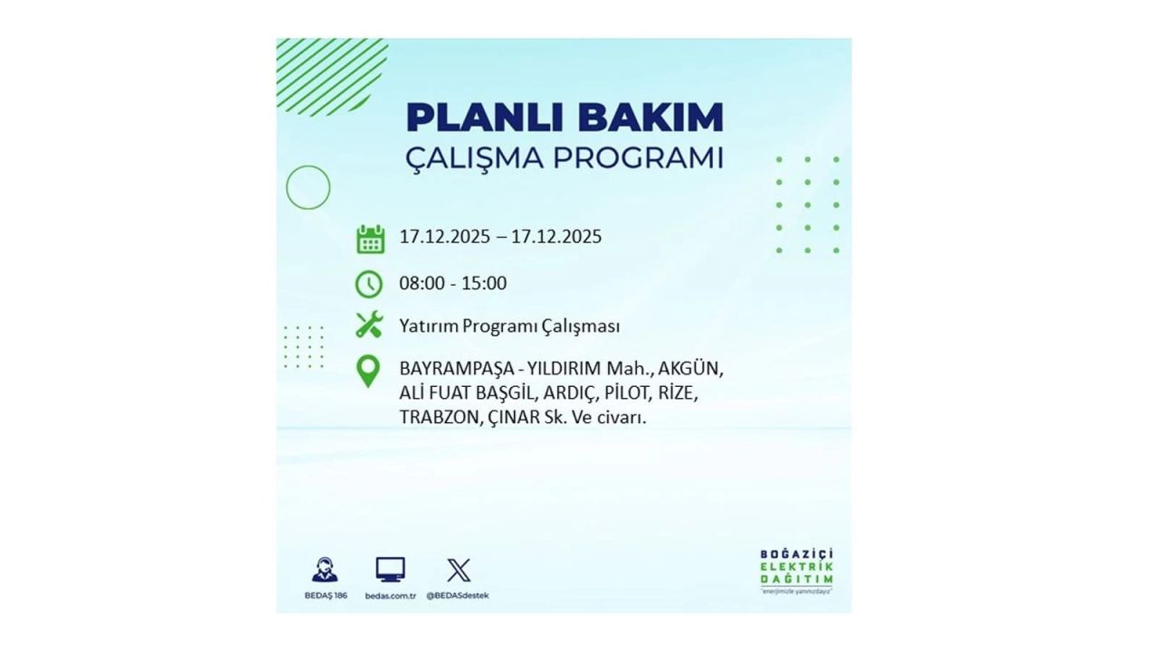 İstanbul'da birçok noktada elektrik kesintisi olacak! İstanbul'da elektrikler ne zaman gelecek? 17 Aralık 2025 İstanbul elektrik kesintisi sorgulama 60