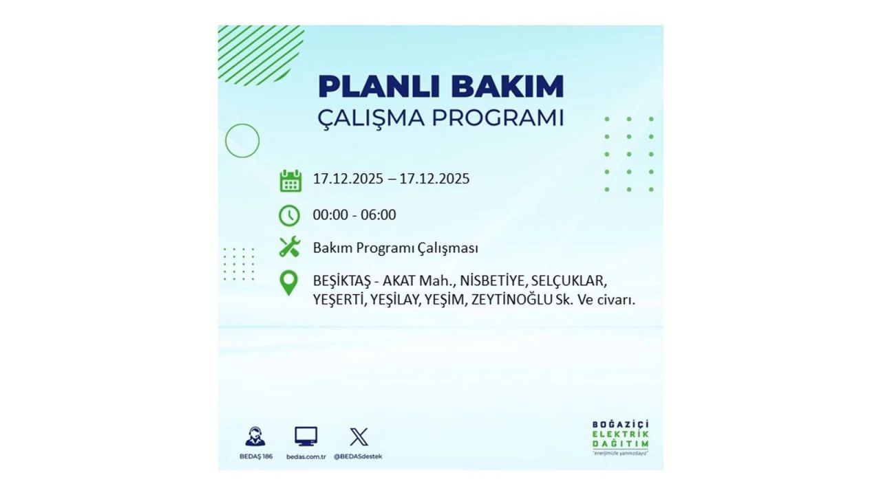 İstanbul'da birçok noktada elektrik kesintisi olacak! İstanbul'da elektrikler ne zaman gelecek? 17 Aralık 2025 İstanbul elektrik kesintisi sorgulama 61