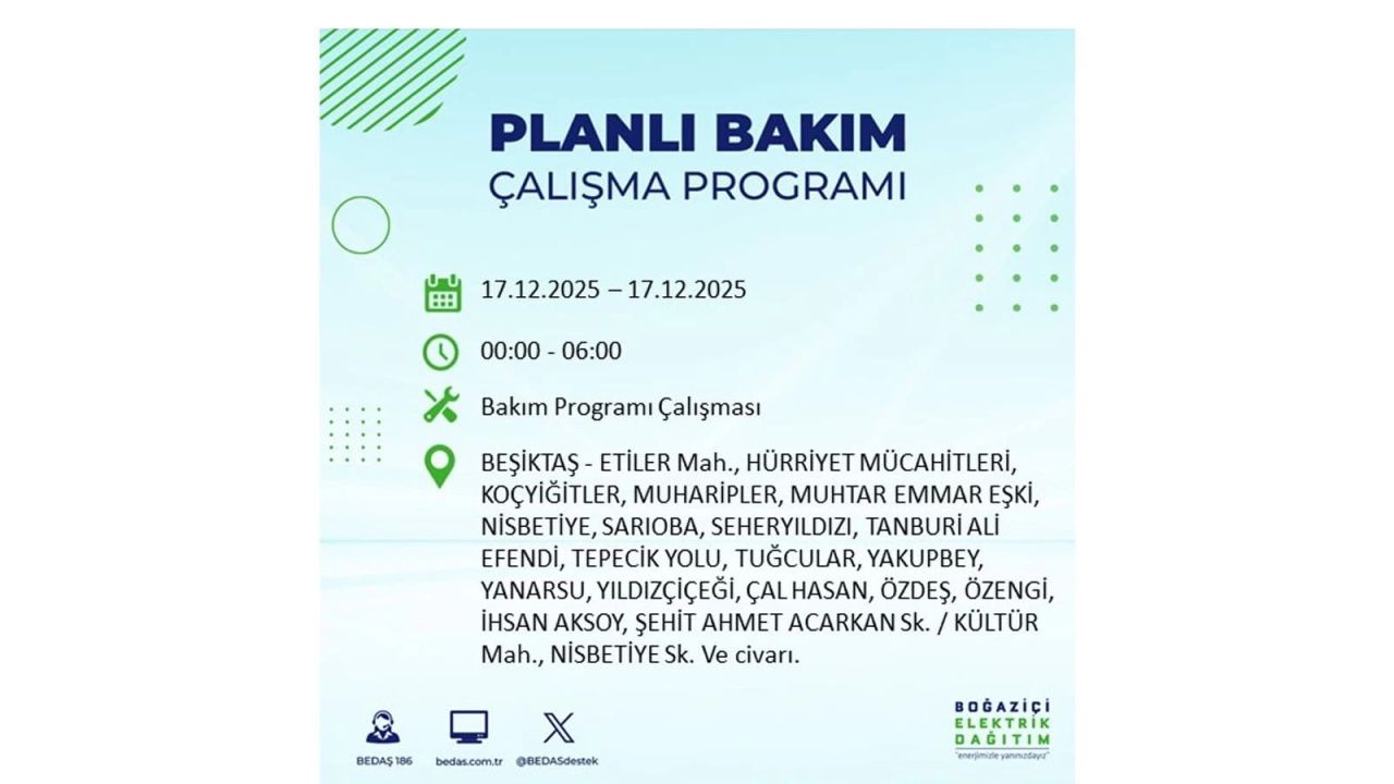 İstanbul'da birçok noktada elektrik kesintisi olacak! İstanbul'da elektrikler ne zaman gelecek? 17 Aralık 2025 İstanbul elektrik kesintisi sorgulama 62