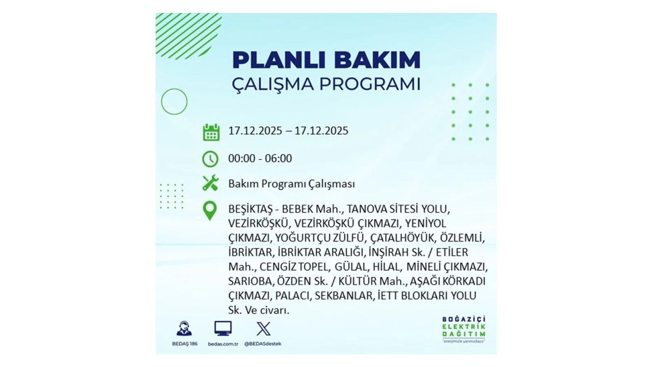 İstanbul'da birçok noktada elektrik kesintisi olacak! İstanbul'da elektrikler ne zaman gelecek? 17 Aralık 2025 İstanbul elektrik kesintisi sorgulama 65