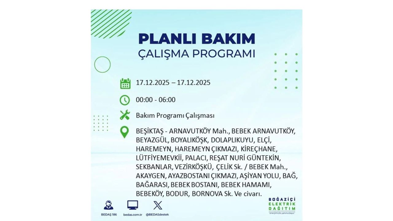İstanbul'da birçok noktada elektrik kesintisi olacak! İstanbul'da elektrikler ne zaman gelecek? 17 Aralık 2025 İstanbul elektrik kesintisi sorgulama 67