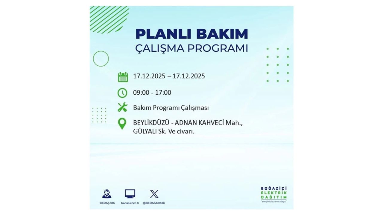 İstanbul'da birçok noktada elektrik kesintisi olacak! İstanbul'da elektrikler ne zaman gelecek? 17 Aralık 2025 İstanbul elektrik kesintisi sorgulama 68