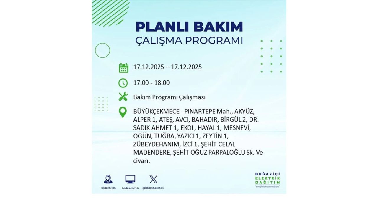 İstanbul'da birçok noktada elektrik kesintisi olacak! İstanbul'da elektrikler ne zaman gelecek? 17 Aralık 2025 İstanbul elektrik kesintisi sorgulama 80