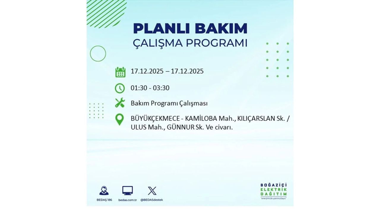 İstanbul'da birçok noktada elektrik kesintisi olacak! İstanbul'da elektrikler ne zaman gelecek? 17 Aralık 2025 İstanbul elektrik kesintisi sorgulama 82
