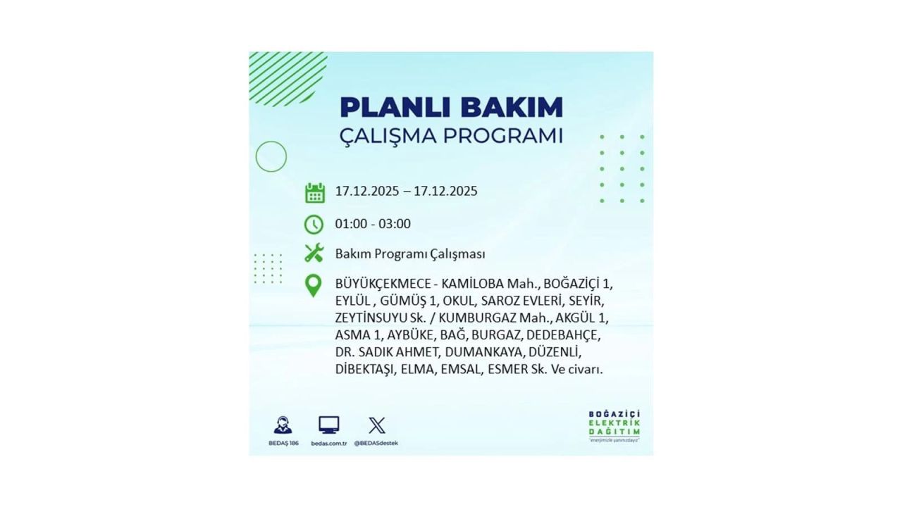 İstanbul'da birçok noktada elektrik kesintisi olacak! İstanbul'da elektrikler ne zaman gelecek? 17 Aralık 2025 İstanbul elektrik kesintisi sorgulama 84