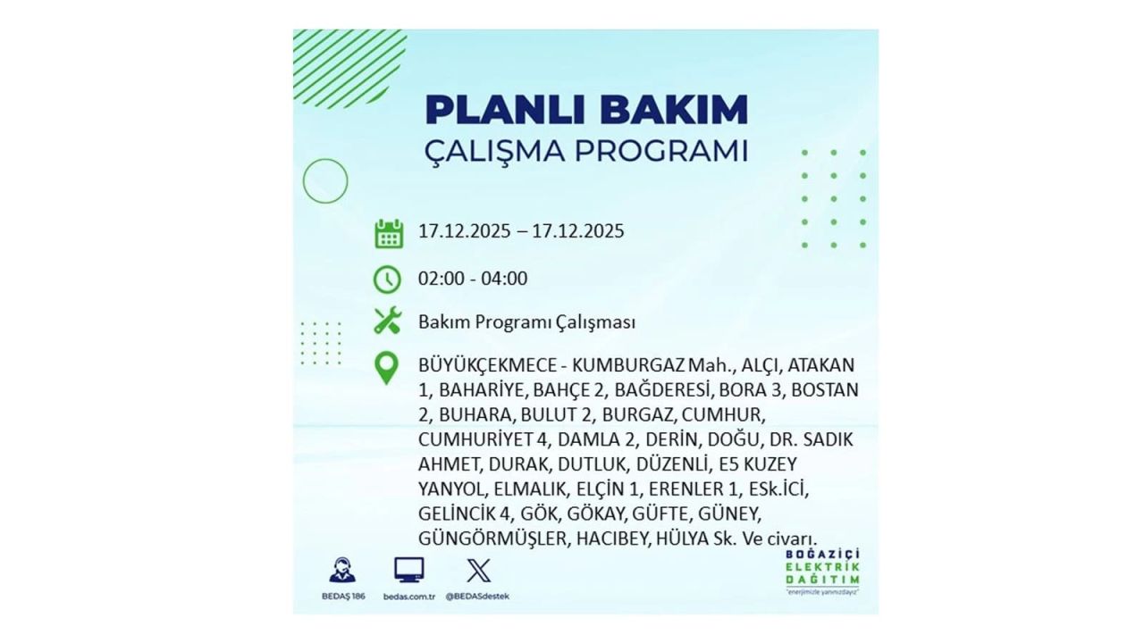 İstanbul'da birçok noktada elektrik kesintisi olacak! İstanbul'da elektrikler ne zaman gelecek? 17 Aralık 2025 İstanbul elektrik kesintisi sorgulama 85