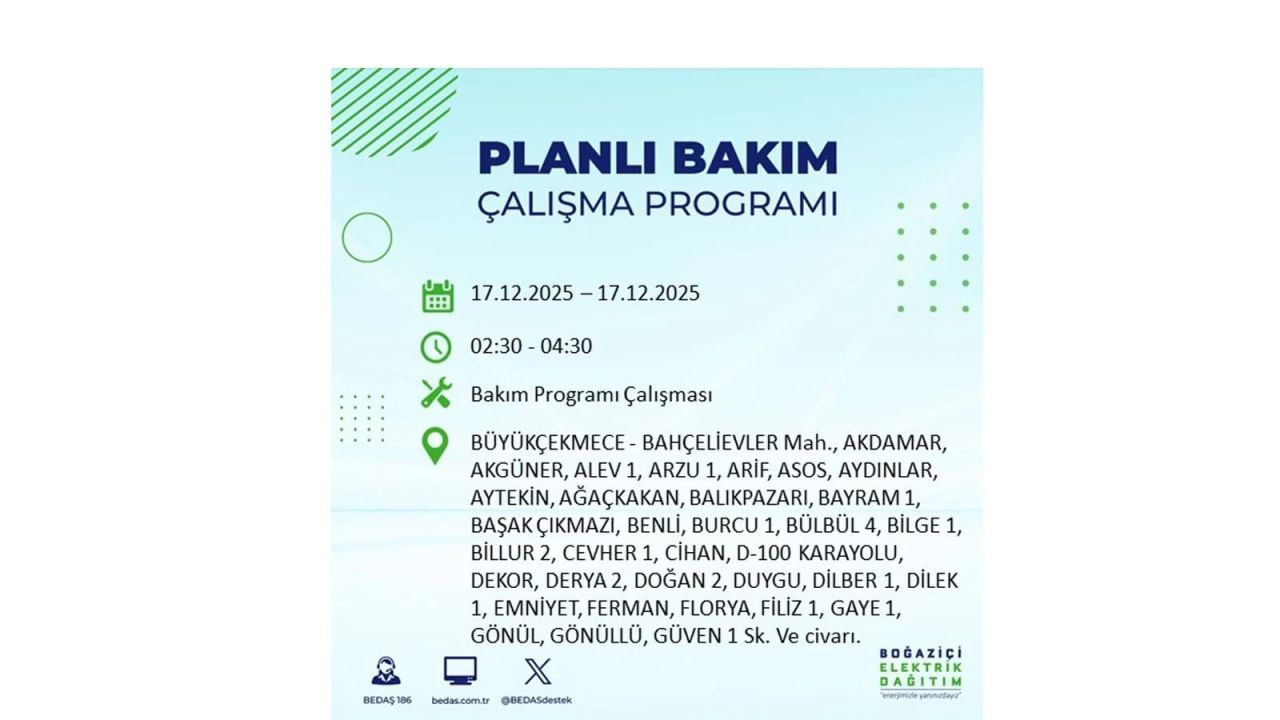 İstanbul'da birçok noktada elektrik kesintisi olacak! İstanbul'da elektrikler ne zaman gelecek? 17 Aralık 2025 İstanbul elektrik kesintisi sorgulama 89