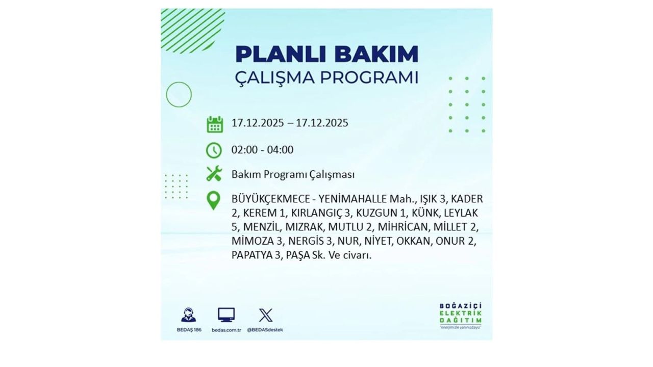 İstanbul'da birçok noktada elektrik kesintisi olacak! İstanbul'da elektrikler ne zaman gelecek? 17 Aralık 2025 İstanbul elektrik kesintisi sorgulama 90