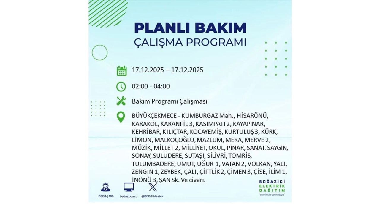 İstanbul'da birçok noktada elektrik kesintisi olacak! İstanbul'da elektrikler ne zaman gelecek? 17 Aralık 2025 İstanbul elektrik kesintisi sorgulama 92