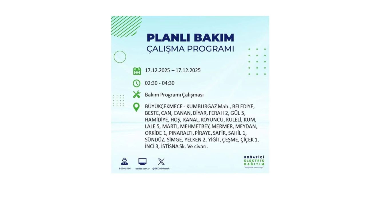 İstanbul'da birçok noktada elektrik kesintisi olacak! İstanbul'da elektrikler ne zaman gelecek? 17 Aralık 2025 İstanbul elektrik kesintisi sorgulama 94