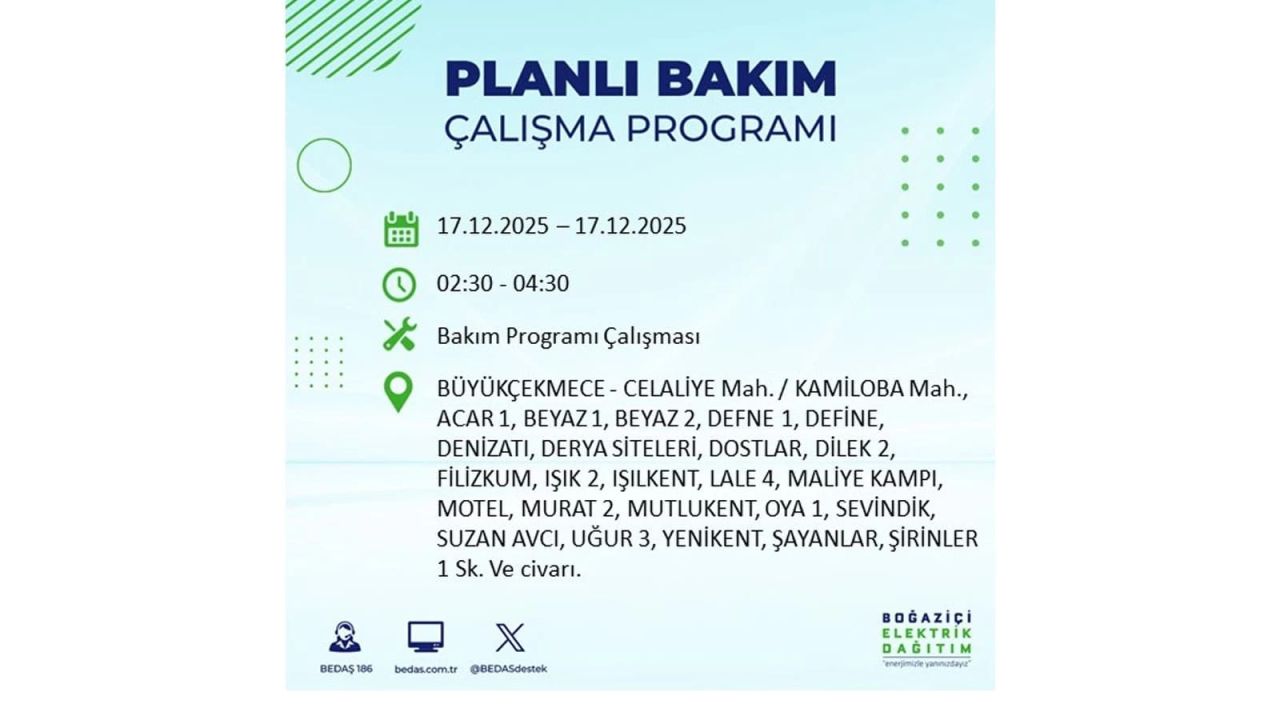 İstanbul'da birçok noktada elektrik kesintisi olacak! İstanbul'da elektrikler ne zaman gelecek? 17 Aralık 2025 İstanbul elektrik kesintisi sorgulama 95