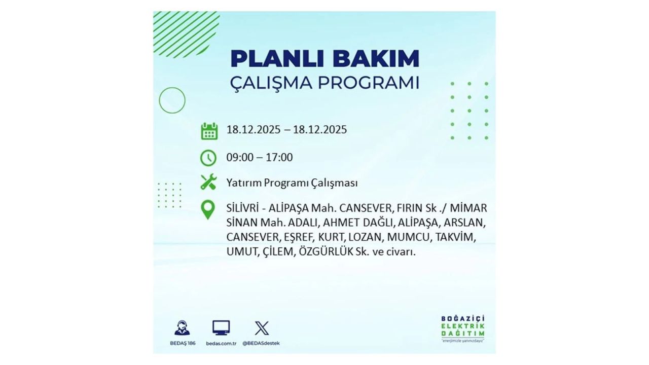 İstanbul'un 21 ilçesinde elektrik kesintisi olacak! İşte İstanbul'da 18 Aralık elektrik kesintisi olacak ilçeler 101
