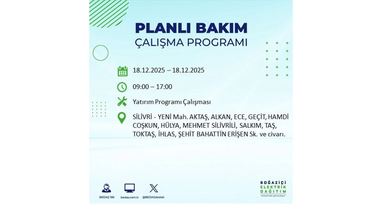 İstanbul'un 21 ilçesinde elektrik kesintisi olacak! İşte İstanbul'da 18 Aralık elektrik kesintisi olacak ilçeler 105