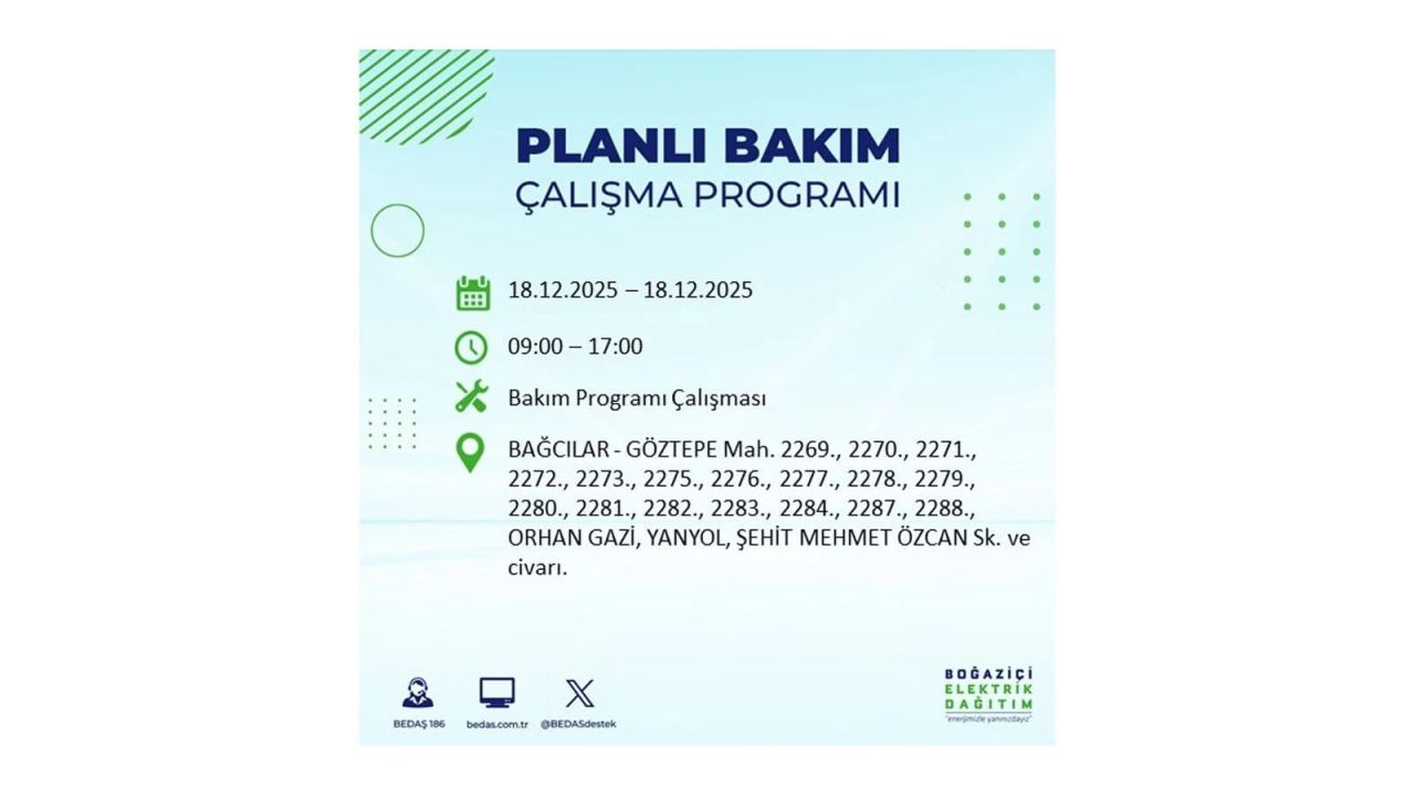İstanbul'un 21 ilçesinde elektrik kesintisi olacak! İşte İstanbul'da 18 Aralık elektrik kesintisi olacak ilçeler 8
