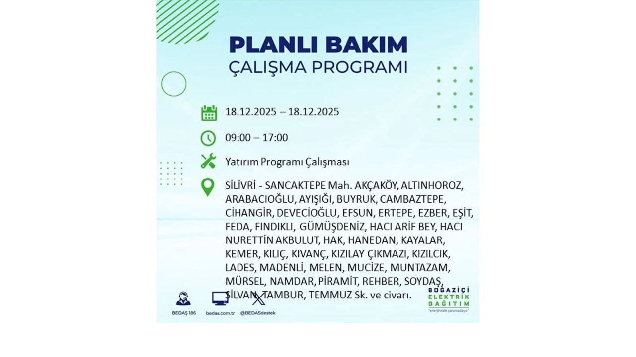 İstanbul'un 21 ilçesinde elektrik kesintisi olacak! İşte İstanbul'da 18 Aralık elektrik kesintisi olacak ilçeler 108