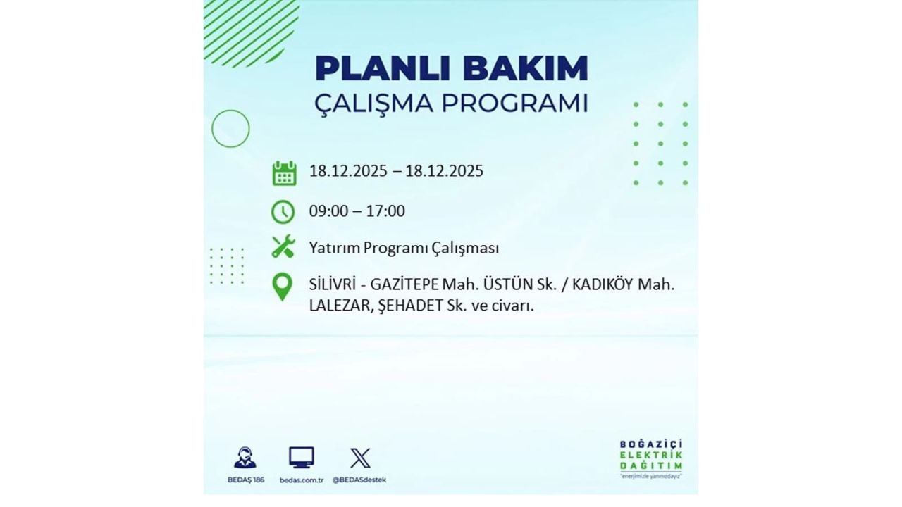 İstanbul'un 21 ilçesinde elektrik kesintisi olacak! İşte İstanbul'da 18 Aralık elektrik kesintisi olacak ilçeler 109