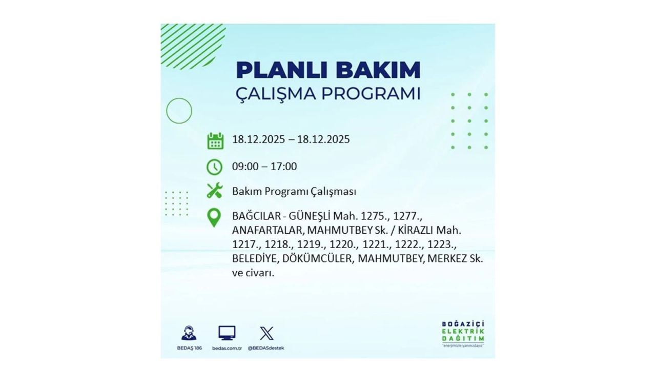 İstanbul'un 21 ilçesinde elektrik kesintisi olacak! İşte İstanbul'da 18 Aralık elektrik kesintisi olacak ilçeler 10