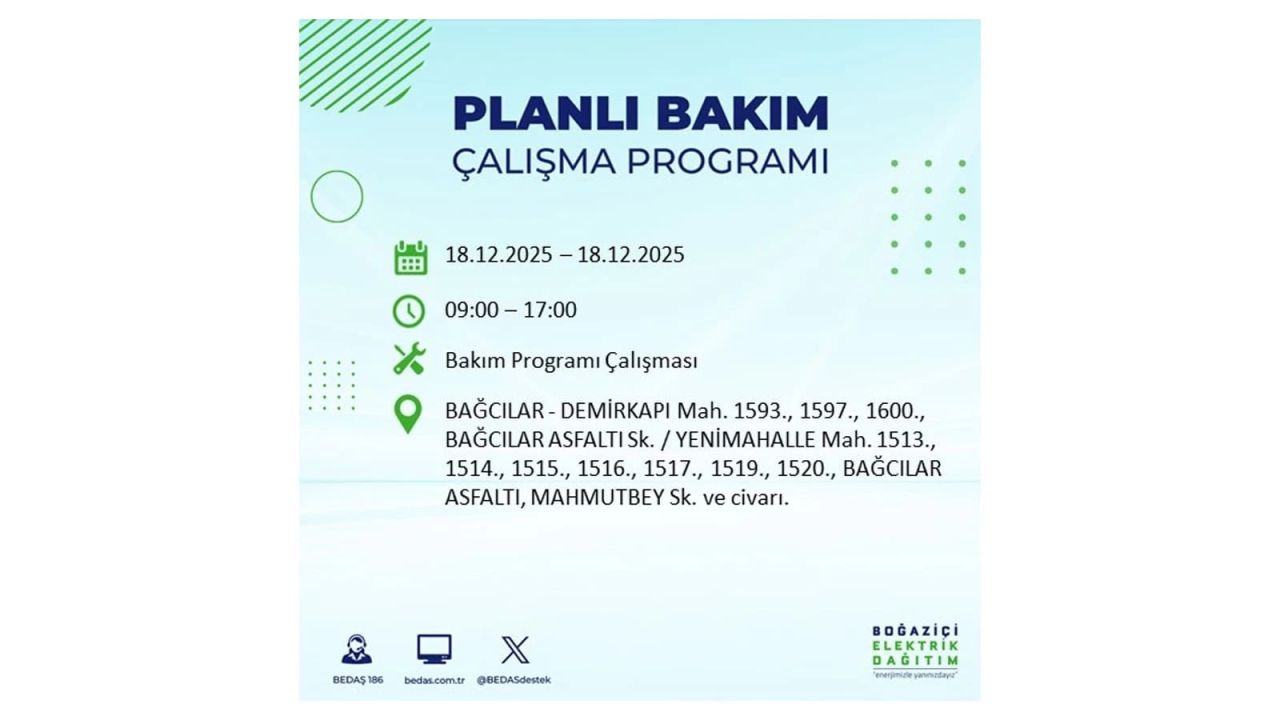 İstanbul'un 21 ilçesinde elektrik kesintisi olacak! İşte İstanbul'da 18 Aralık elektrik kesintisi olacak ilçeler 11