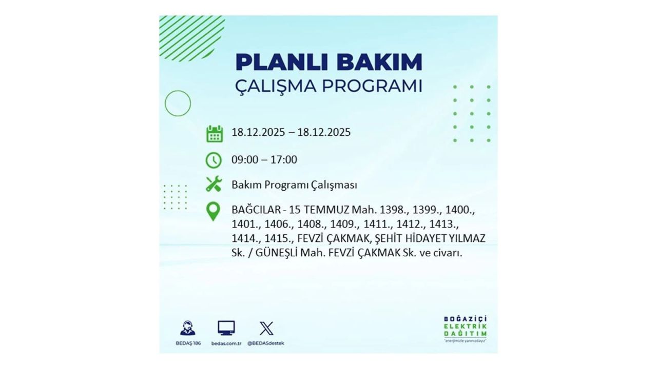 İstanbul'un 21 ilçesinde elektrik kesintisi olacak! İşte İstanbul'da 18 Aralık elektrik kesintisi olacak ilçeler 12