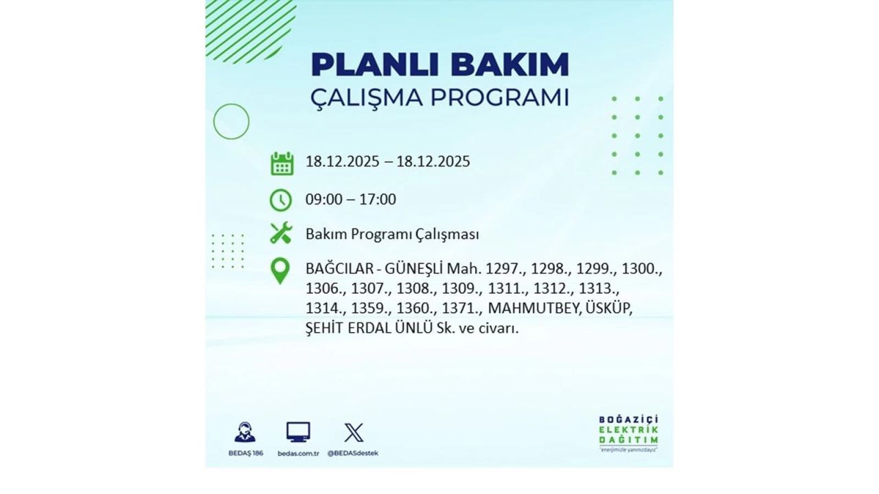 İstanbul'un 21 ilçesinde elektrik kesintisi olacak! İşte İstanbul'da 18 Aralık elektrik kesintisi olacak ilçeler 13
