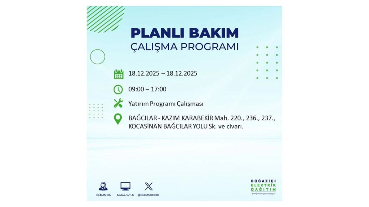 İstanbul'un 21 ilçesinde elektrik kesintisi olacak! İşte İstanbul'da 18 Aralık elektrik kesintisi olacak ilçeler 15