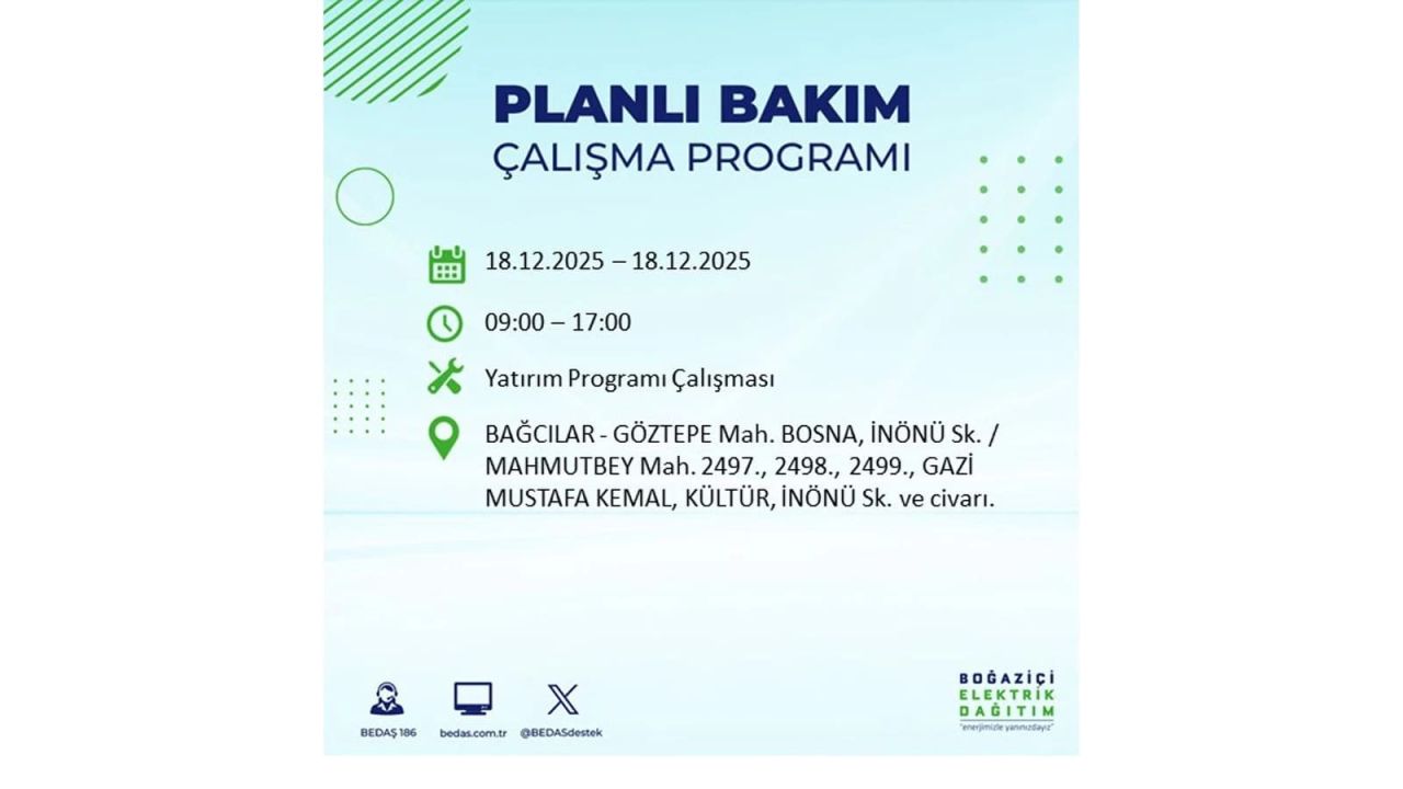 İstanbul'un 21 ilçesinde elektrik kesintisi olacak! İşte İstanbul'da 18 Aralık elektrik kesintisi olacak ilçeler 16