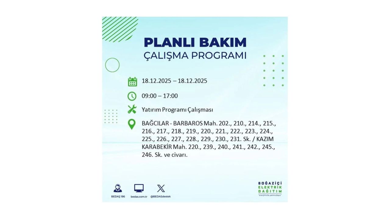 İstanbul'un 21 ilçesinde elektrik kesintisi olacak! İşte İstanbul'da 18 Aralık elektrik kesintisi olacak ilçeler 18