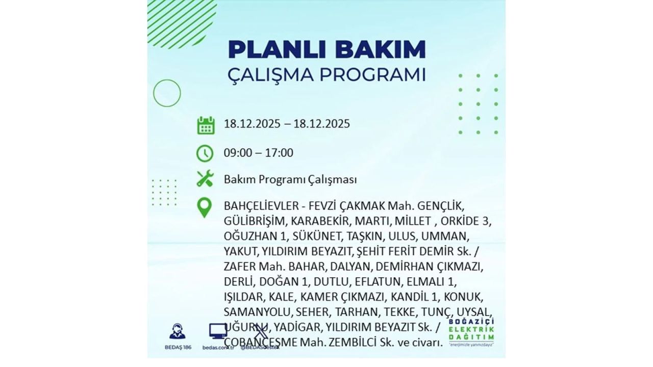 İstanbul'un 21 ilçesinde elektrik kesintisi olacak! İşte İstanbul'da 18 Aralık elektrik kesintisi olacak ilçeler 22