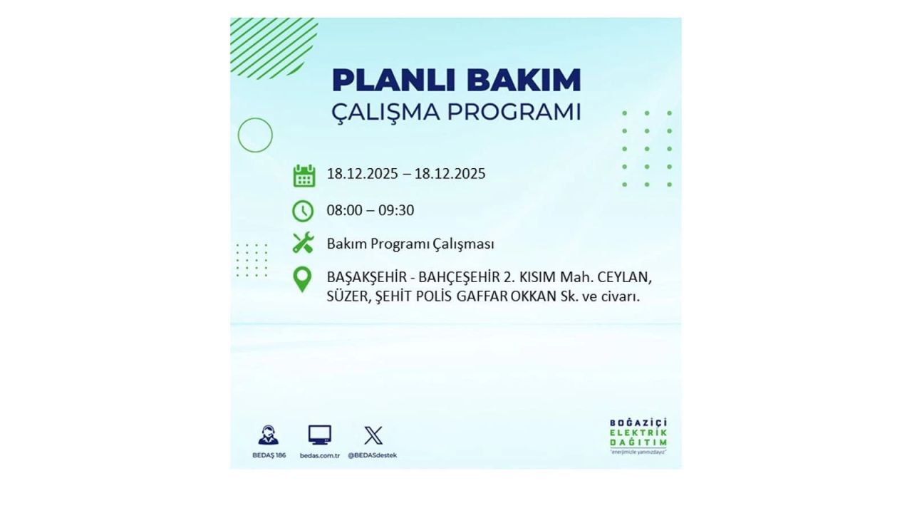 İstanbul'un 21 ilçesinde elektrik kesintisi olacak! İşte İstanbul'da 18 Aralık elektrik kesintisi olacak ilçeler 28