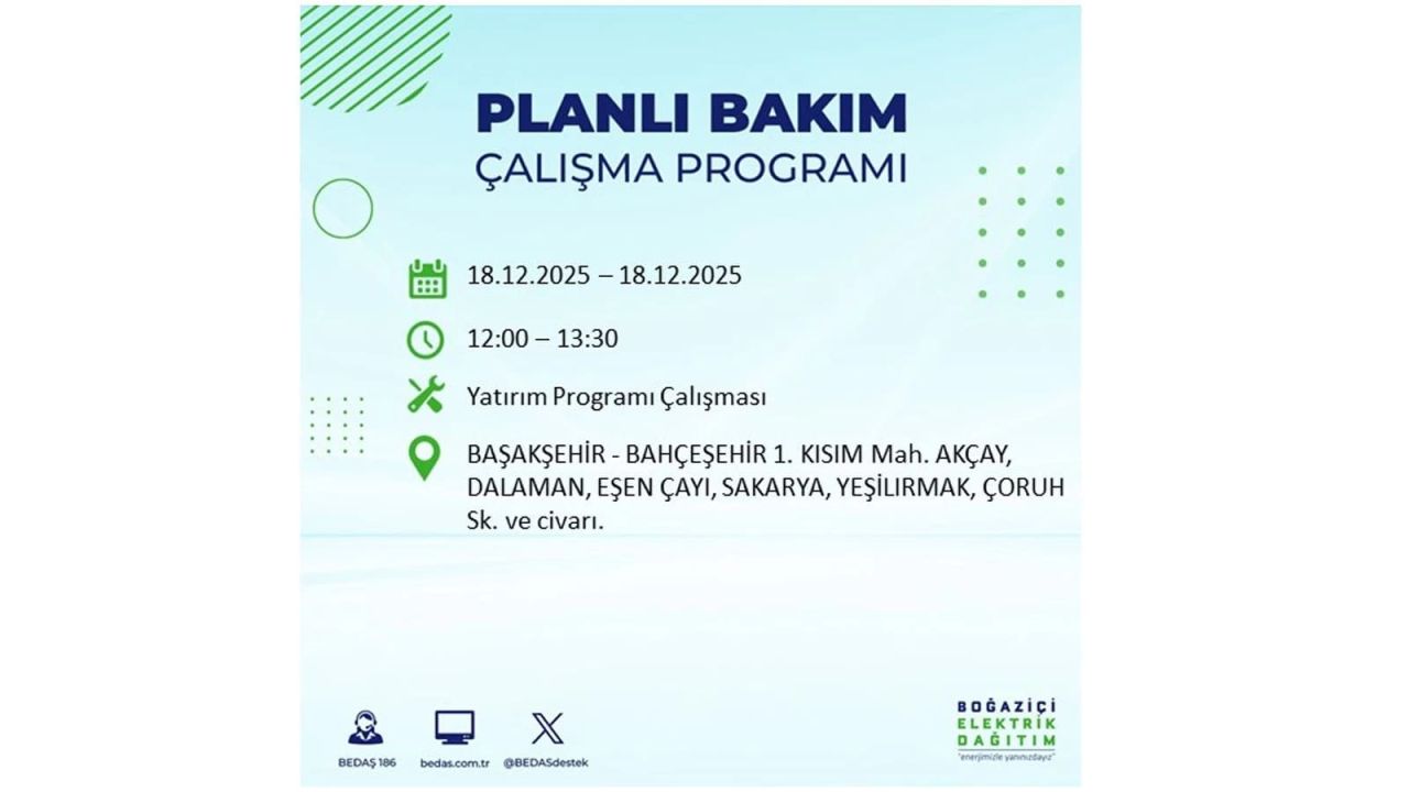 İstanbul'un 21 ilçesinde elektrik kesintisi olacak! İşte İstanbul'da 18 Aralık elektrik kesintisi olacak ilçeler 32