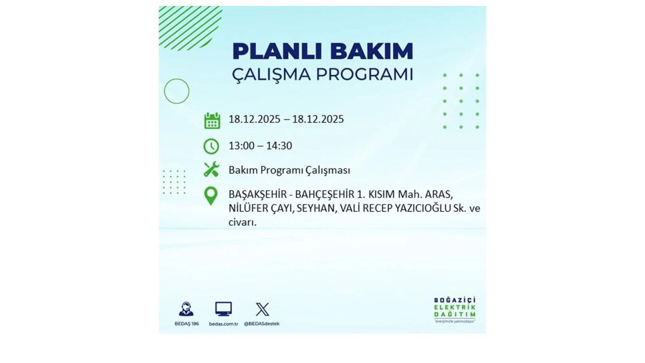 İstanbul'un 21 ilçesinde elektrik kesintisi olacak! İşte İstanbul'da 18 Aralık elektrik kesintisi olacak ilçeler 33