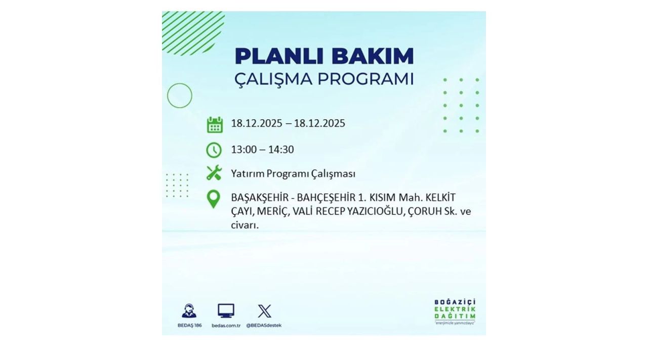 İstanbul'un 21 ilçesinde elektrik kesintisi olacak! İşte İstanbul'da 18 Aralık elektrik kesintisi olacak ilçeler 36