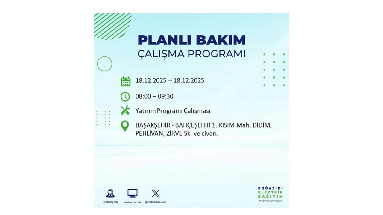 İstanbul'un 21 ilçesinde elektrik kesintisi olacak! İşte İstanbul'da 18 Aralık elektrik kesintisi olacak ilçeler 37