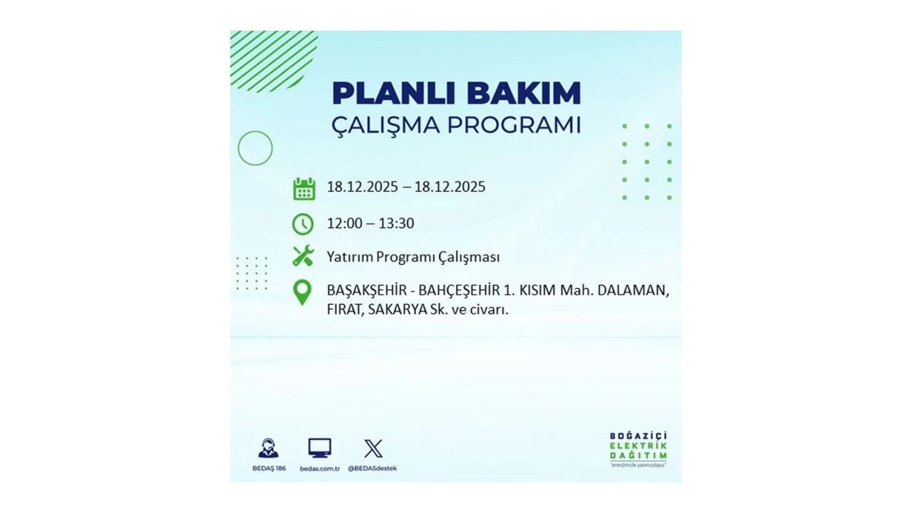 İstanbul'un 21 ilçesinde elektrik kesintisi olacak! İşte İstanbul'da 18 Aralık elektrik kesintisi olacak ilçeler 39