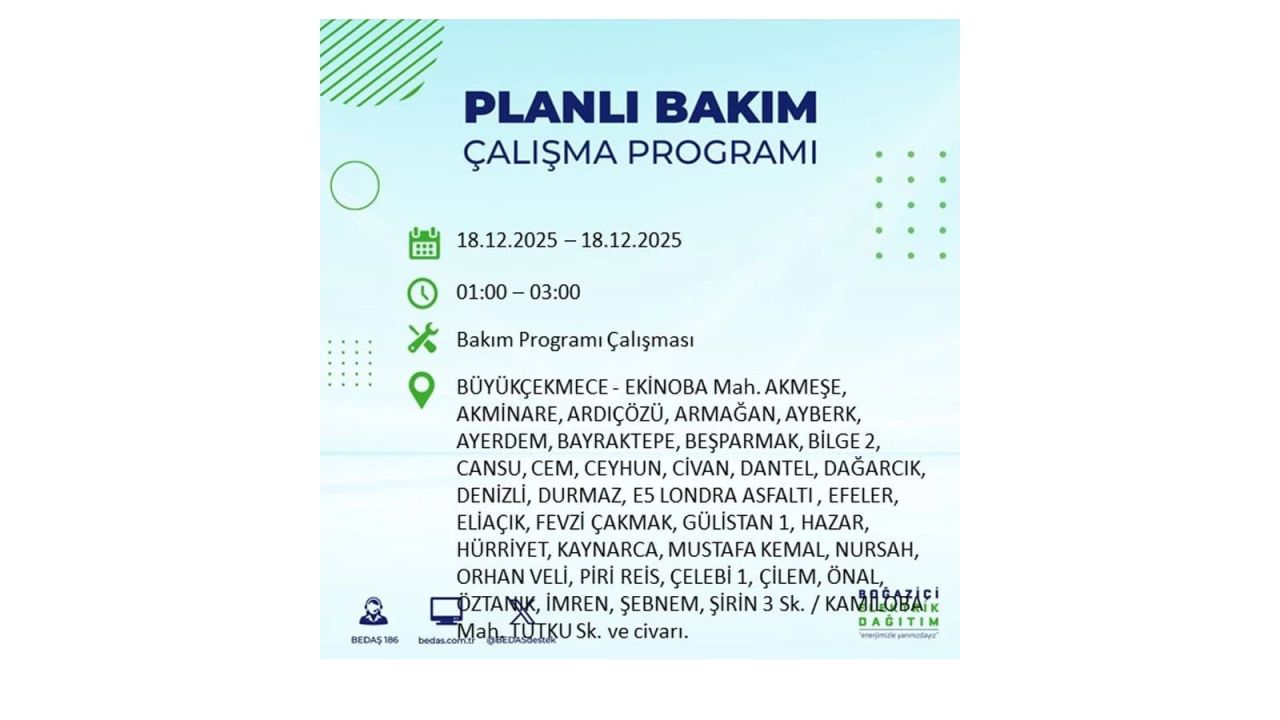 İstanbul'un 21 ilçesinde elektrik kesintisi olacak! İşte İstanbul'da 18 Aralık elektrik kesintisi olacak ilçeler 51