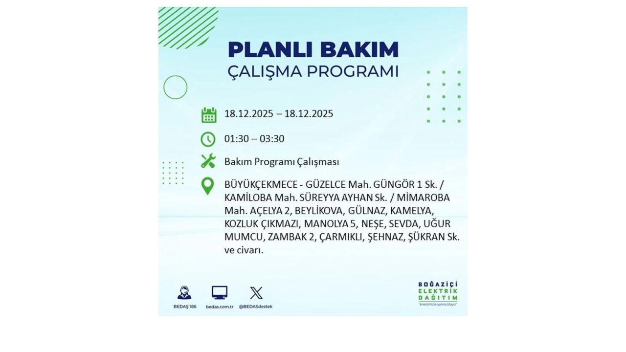 İstanbul'un 21 ilçesinde elektrik kesintisi olacak! İşte İstanbul'da 18 Aralık elektrik kesintisi olacak ilçeler 52