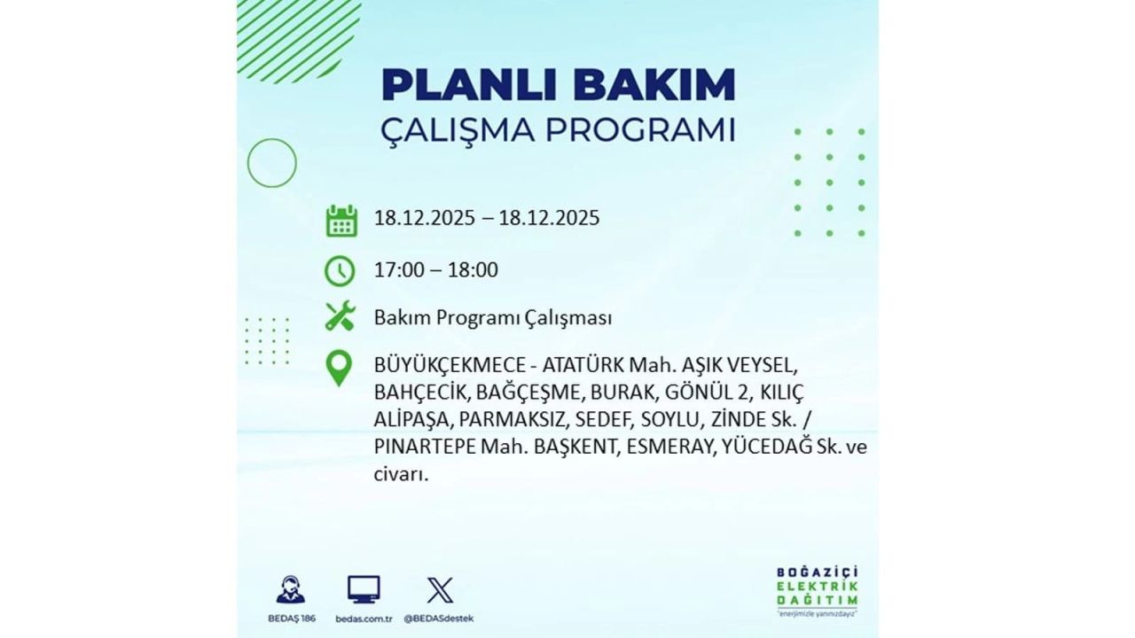 İstanbul'un 21 ilçesinde elektrik kesintisi olacak! İşte İstanbul'da 18 Aralık elektrik kesintisi olacak ilçeler 53