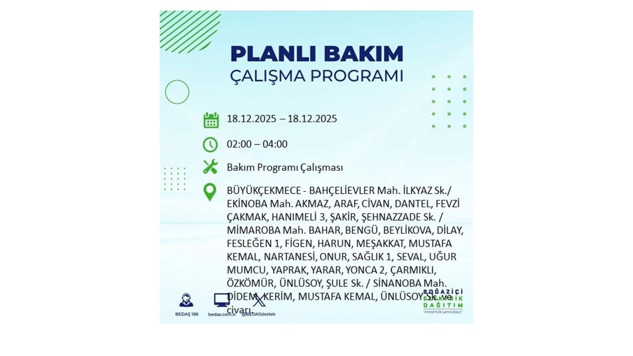 İstanbul'un 21 ilçesinde elektrik kesintisi olacak! İşte İstanbul'da 18 Aralık elektrik kesintisi olacak ilçeler 56