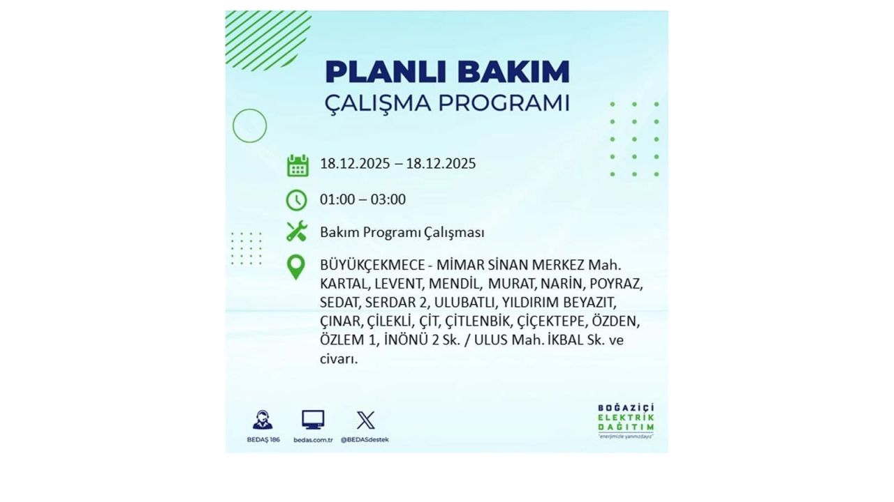 İstanbul'un 21 ilçesinde elektrik kesintisi olacak! İşte İstanbul'da 18 Aralık elektrik kesintisi olacak ilçeler 57