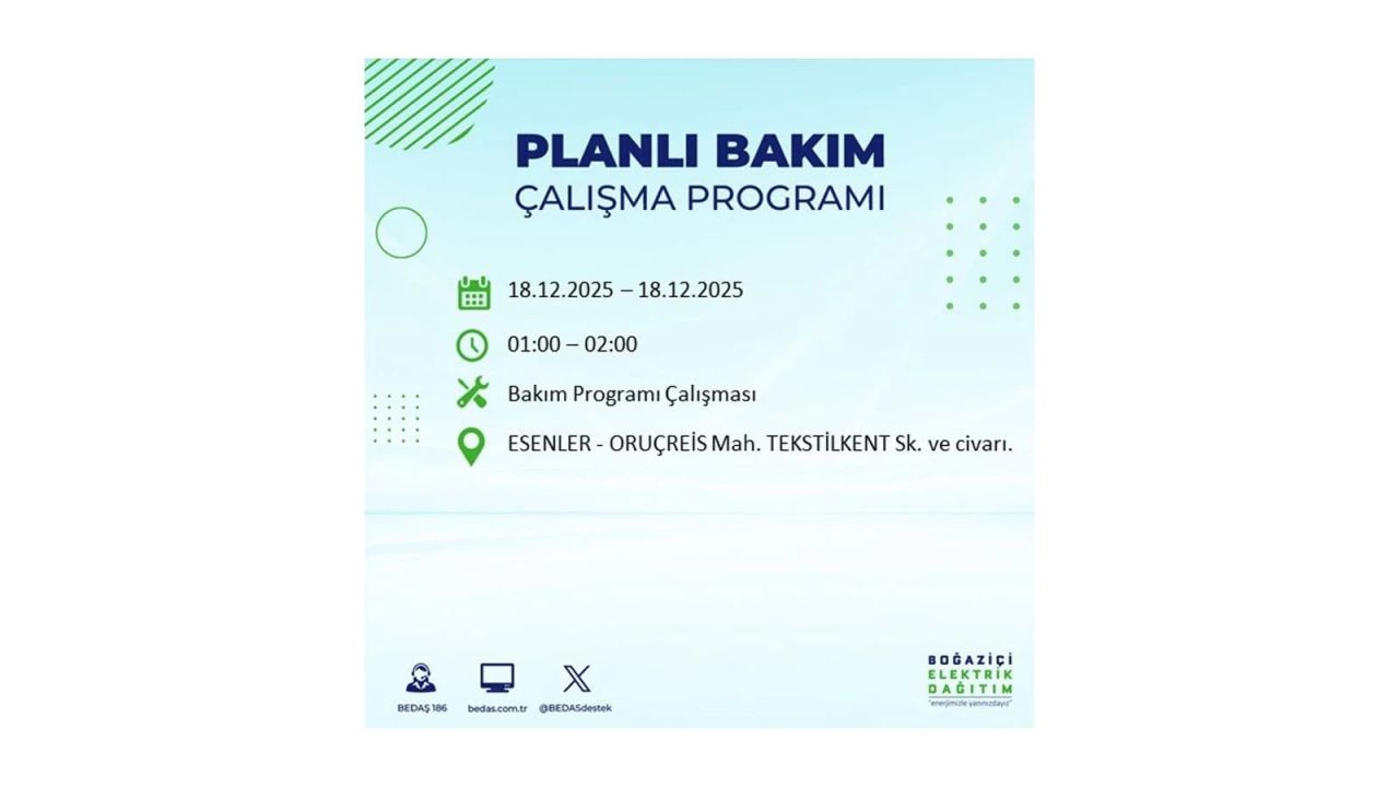 İstanbul'un 21 ilçesinde elektrik kesintisi olacak! İşte İstanbul'da 18 Aralık elektrik kesintisi olacak ilçeler 63