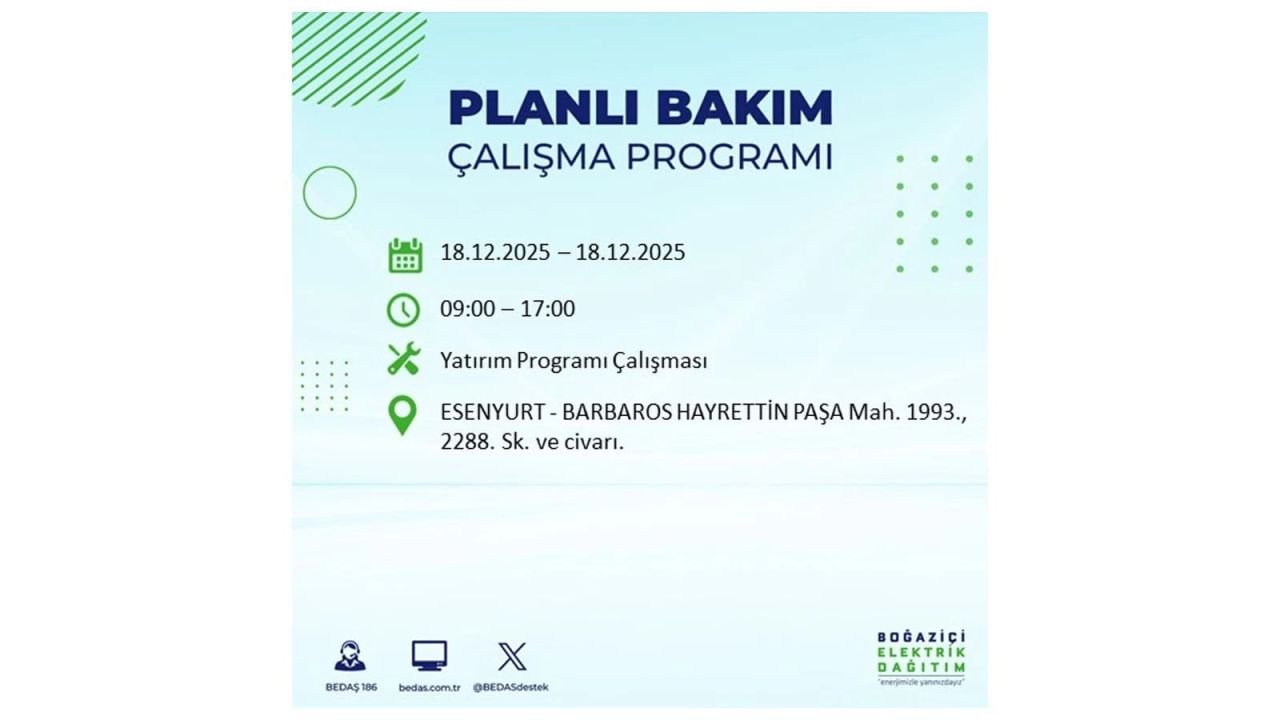 İstanbul'un 21 ilçesinde elektrik kesintisi olacak! İşte İstanbul'da 18 Aralık elektrik kesintisi olacak ilçeler 66