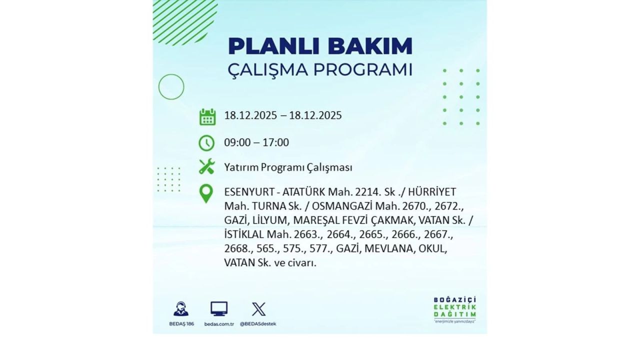İstanbul'un 21 ilçesinde elektrik kesintisi olacak! İşte İstanbul'da 18 Aralık elektrik kesintisi olacak ilçeler 67