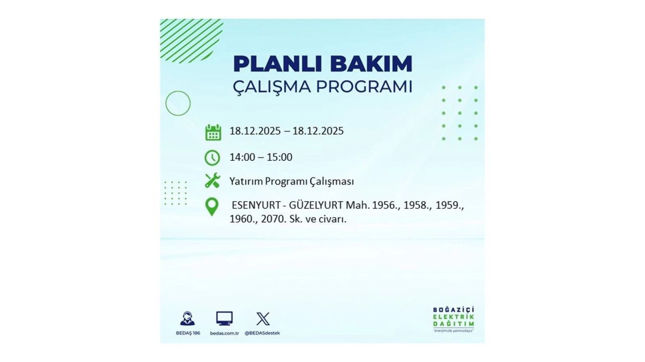 İstanbul'un 21 ilçesinde elektrik kesintisi olacak! İşte İstanbul'da 18 Aralık elektrik kesintisi olacak ilçeler 68