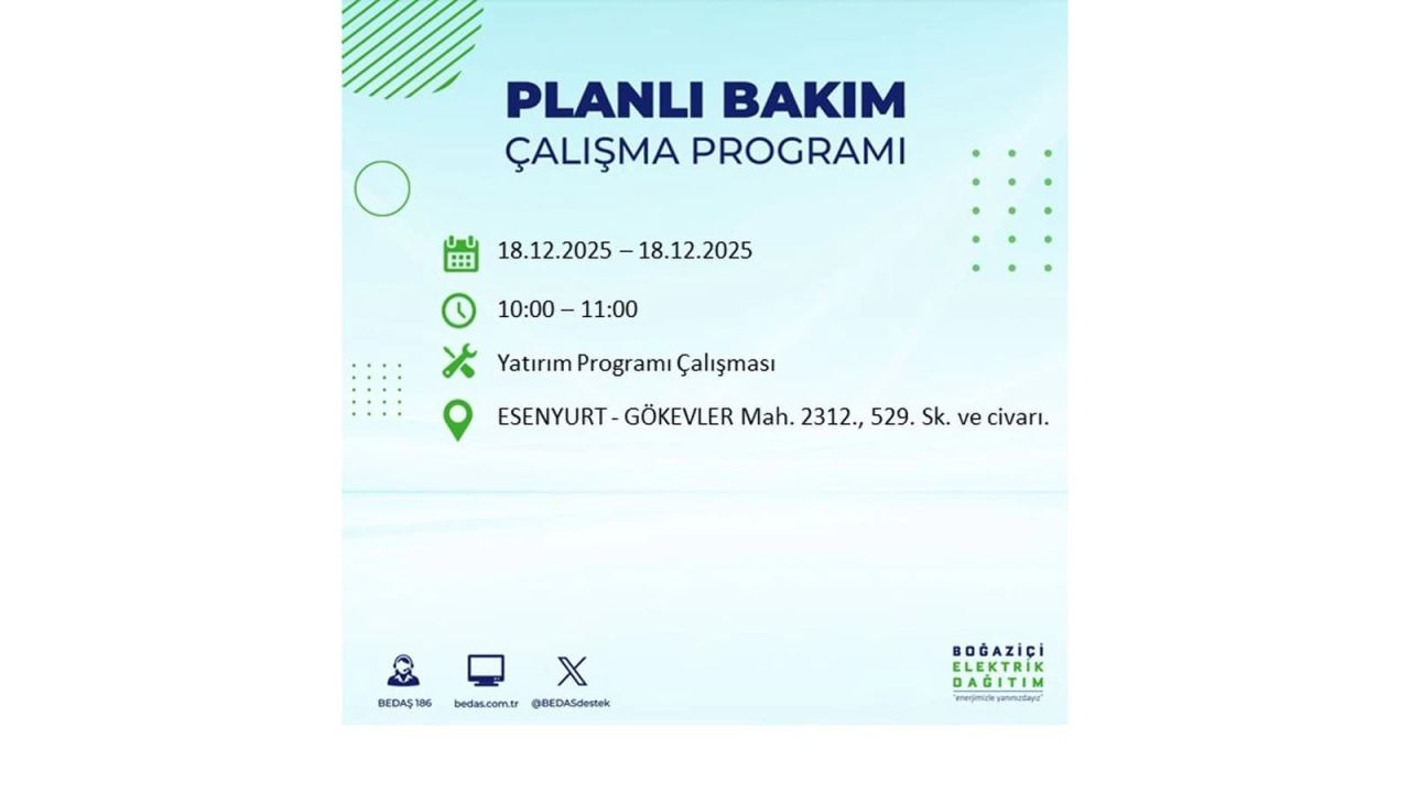 İstanbul'un 21 ilçesinde elektrik kesintisi olacak! İşte İstanbul'da 18 Aralık elektrik kesintisi olacak ilçeler 69