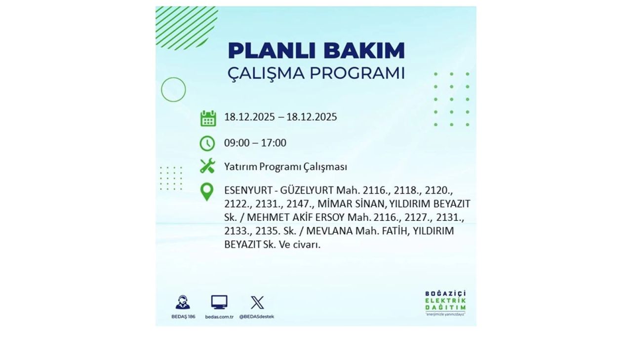 İstanbul'un 21 ilçesinde elektrik kesintisi olacak! İşte İstanbul'da 18 Aralık elektrik kesintisi olacak ilçeler 70