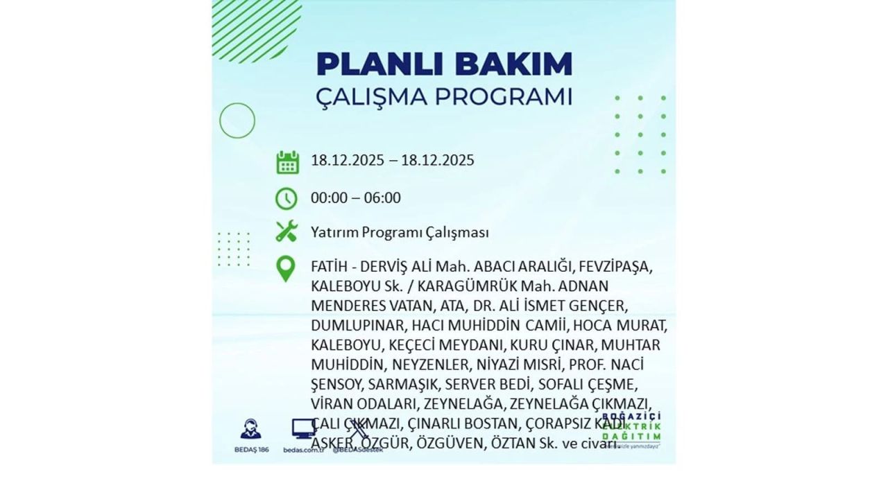 İstanbul'un 21 ilçesinde elektrik kesintisi olacak! İşte İstanbul'da 18 Aralık elektrik kesintisi olacak ilçeler 77
